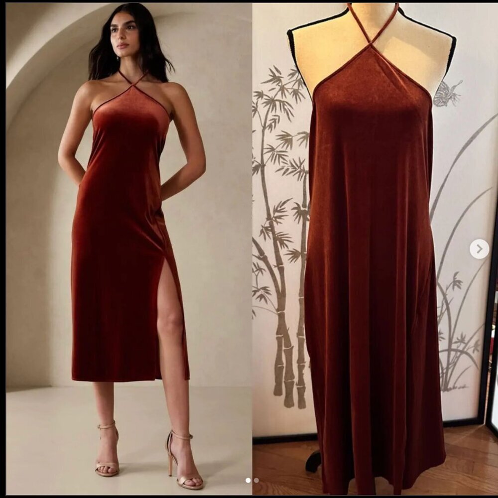 Banana Republic VELVET MIDI DRESS in color Spiced Rum  Size M NEW WITH TAG! - Picture 2 of 4